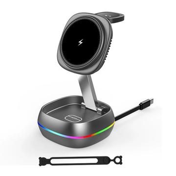 3-in-1-magneettinen langaton latausasema RGB-valaistuksella – 15W – Gunmetal