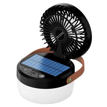 3-in-1-aurinkokäyttöinen retkituuletin ja valo, jossa 3000mAh:n varavirtalähde - musta