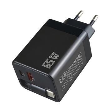 65W:n GaN-matkalaturi - sisäänvedettävä USB-C-kaapeli, USB-C-/USB-A-liitännät - musta