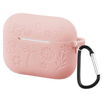 AirPods Pro 3 Kukkakuvio nestemäinen silikoni kotelo ja karabiini - vaaleanpunainen