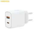 Amorus PD-pikalatausseinälaturi – 20 W USB-C, 18 W USB-A – valkoinen