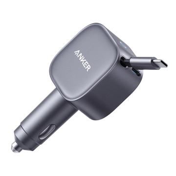 Anker Nano 75W -autolaturi, jossa on sisäänvedettävä USB-C-kaapeli ja USB-C-liitäntä - harmaa
