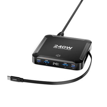 BK-124D 240W:n pöytämallinen latausasema sisäänvedettävällä USB-C-kaapelilla - 2 x USB-C, 2 x USB-A