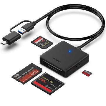 Benfei 4-in-1 USB-C/USB-A 3.0 -kortinlukija - SD, microSD, MS & CF-kortit - musta