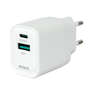 Deltaco 35W GaN-seinälaturi - USB-C/USB-A - valkoinen