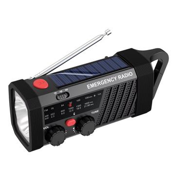 EM06-aurinkokäyttöinen hätäradio, jossa on 2000mAh:n varavirtalähde, taskulamppu ja SOS-hälytys