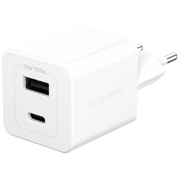 Empower by PanzerGlass Turbo 35W GaN-pikalaturi - USB-C, USB-A - valkoinen