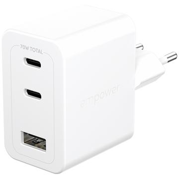 Empower by PanzerGlass Turbo 70 W GaN-pikalaturi - 2 x USB-C, USB-A - valkoinen