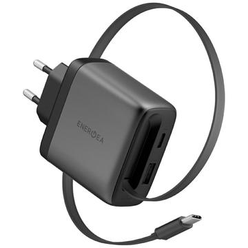 Energea Ampcharge Arc 65 GaN seinälaturi sisäänvedettävällä USB-C-kaapelilla - Asemetallin Harmaa