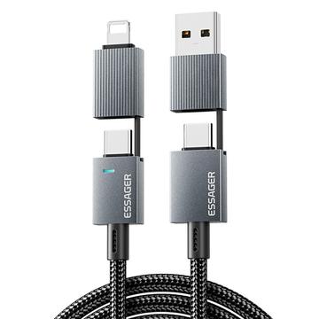 Essager 4-in-1-pikalatauskaapeli 240W - USB-A/USB-C - USB-C/Lightning - 0.25m - harmaa