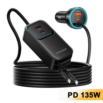 Essager F789 135W:n takapenkille asennettava autolaturi - 2x USB-C-kaapelia, 4x USB-C-, 2x USB-A-liitäntää - 1.5m - musta