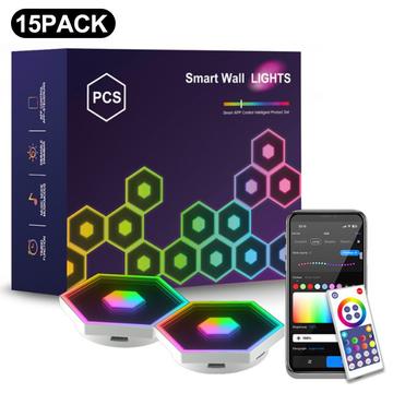 G01 älykkäät kuusikulmaiset RGB-LED-seinävalopaneelit, ohjattavissa Tuya- ja Smart Life -sovelluksilla - 15 kpl.