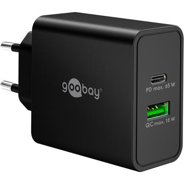 Goobay 65W USB-C PD GaN -kaksoisnopealaturi - musta