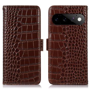 Google Pixel 11 Pro Crocodile Lompakkomallinen Nahkakotelo kanssa RFID - Ruskea