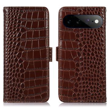 Google Pixel 11 Pro XL Crocodile Lompakkomallinen Nahkakotelo kanssa RFID - Ruskea