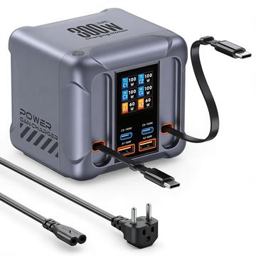 HW866 300W:n GaN-pöytälaturi, jossa on LCD-näyttö ja 2 sisäänvedettävää USB-C-kaapelia