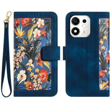Honor 600 Smart Floral lompakkokotelo korttipaikoilla - tummansininen