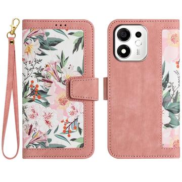 Honor 600 Smart Floral lompakkokotelo korttipaikoilla - vaaleanpunainen