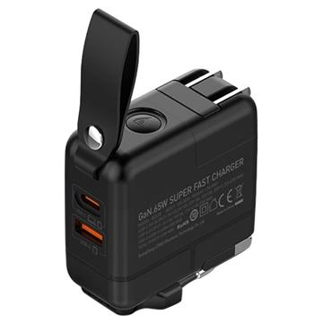 LDNIO Q2618 65W:n GaN-pikalaturi vaihdettavilla pistokkeilla - USB-C/USB-A - musta