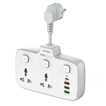 LDNIO SC2413 20W:n pistorasia, jossa on 2 verkkovirtapistoketta, 4 USB-porttia ja PD-pikalataus