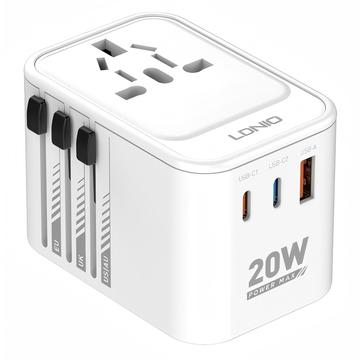 Ldnio Z9 20W:n matkasovitin - 2 x USB-C PD, USB-A QC3.0 - valkoinen