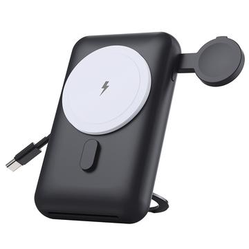 MP07 3-in-1 10000mAh:n magneettinen varavirtalähde, jossa on sisäänrakennettu kaapeli ja teline - MagSafe-yhteensopiva - musta