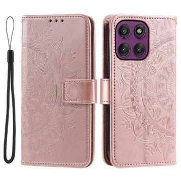 Motorola Moto G37 Power Mandala -lompakkokotelo rannehihnalla - vaaleanpunainen
