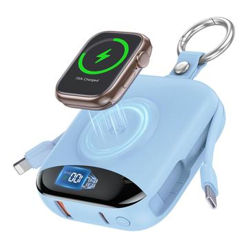 P007 Mini-varavirtalähde 10000mAh, USB-C- ja Lightning-kaapelit, Apple Watchin langaton lataus - sininen