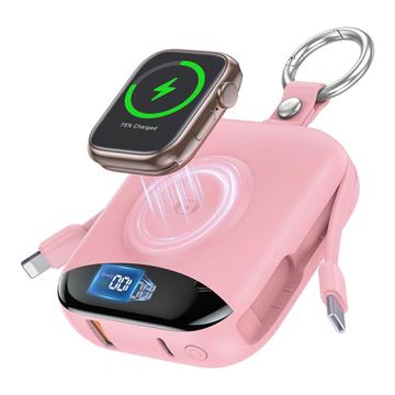 P007 Mini-varavirtalähde 10000mAh, USB-C- ja Lightning-kaapelit, Apple Watchin langaton lataus - vaaleanpunainen