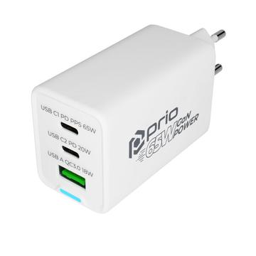 Prio 65W GaN-laturi, PD 3.0, PPS, QC 3.0 – 2 x USB-C, USB-A – valkoinen