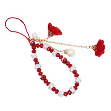 Ruusukoristeinen kristallipallokoristeinen puhelinnauha - punainen