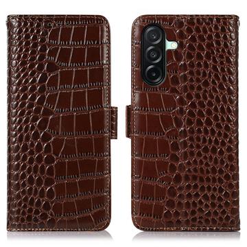 Samsung Galaxy A27 Crocodile Lompakkomallinen Nahkakotelo kanssa RFID - Ruskea