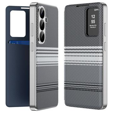 Samsung Galaxy S26 FE -kotelo, ruudullinen kuosi, Smart View -kääntökansi ja korttipaikka - musta
