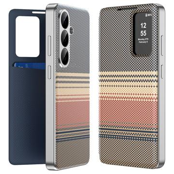 Samsung Galaxy S26 FE -kotelo, ruudullinen kuosi, Smart View -kääntökansi ja korttipaikka - ruskea