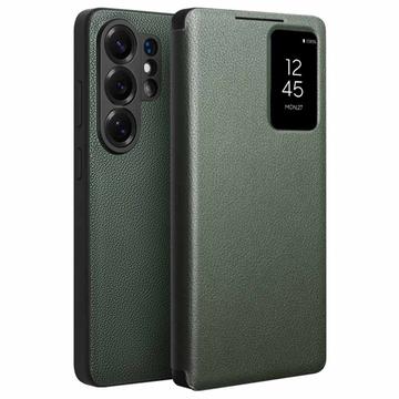 Samsung Galaxy S26 Ultra Qialino Smart View Läppänahkakotelo - Vihreä