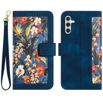Samsung Galaxy S27 Floral lompakkokotelo korttipaikoilla - tummansininen