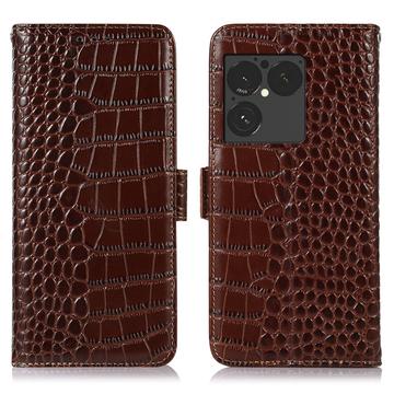 Sony Xperia 1 VIII Crocodile Lompakkomallinen Nahkakotelo kanssa RFID - Ruskea