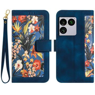 Sony Xperia 1 VIII Floral lompakkokotelo korttipaikoilla - tummansininen