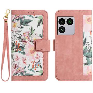 Sony Xperia 1 VIII Floral lompakkokotelo korttipaikoilla - vaaleanpunainen