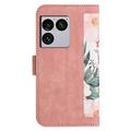 Sony Xperia 1 VIII Floral lompakkokotelo korttipaikoilla - vaaleanpunainen