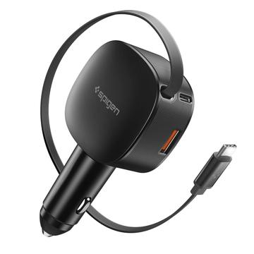 Spigen EV603BT Essential -autolaturi 60 W, sisäänvedettävä USB-C-kaapeli, USB-C/USB-A-portit – musta