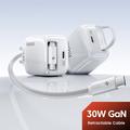 TOOCKI TC55302 30W:n GaN-laturi, jossa on sisäänvedettävä USB-C-johto - valkoinen