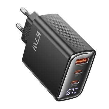 TOOCKI TCT67-22 67W:n GaN-seinälaturi digitaalinäytöllä - USB-C/USB-A - musta