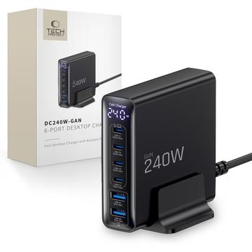 Tech-Protect DC240W-GaN 6-porttinen pöytälaturi - 4xUSB-C, 2xUSB-A - musta