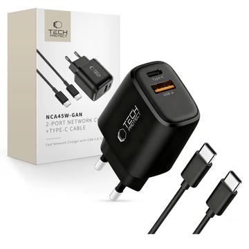 Tech-Protect NCA45W 2-porttinen GaN-seinälaturi USB-C-kaapelilla – 45 W – musta