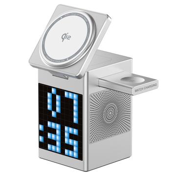 WiWU W043 5-in-1 langaton laturi, jossa on RGB-pikselinäyttö ja Bluetooth-kaiutin - hopea
