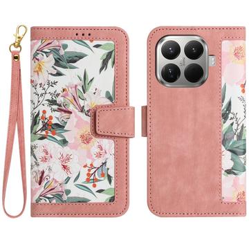 Xiaomi 17T Floral lompakkokotelo korttipaikoilla - vaaleanpunainen