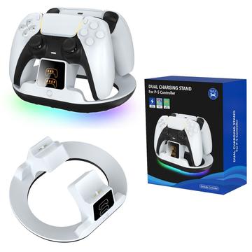 YZC-523 Kaksipaikkainen latausteline PS5/PS5 Edge -ohjaimille - RGB-telakka, OLED-näyttö - valkoinen