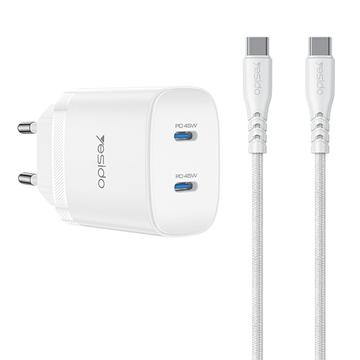 Yesido YC109 45W:n kaksois-USB-C PD-laturi USB-C-kaapelilla - valkoinen