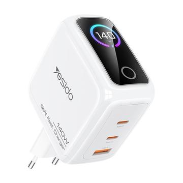 Yesido YC114 140W GaN-laturi - 2x USB-C, USB-A, TFT-näyttö - valkoinen